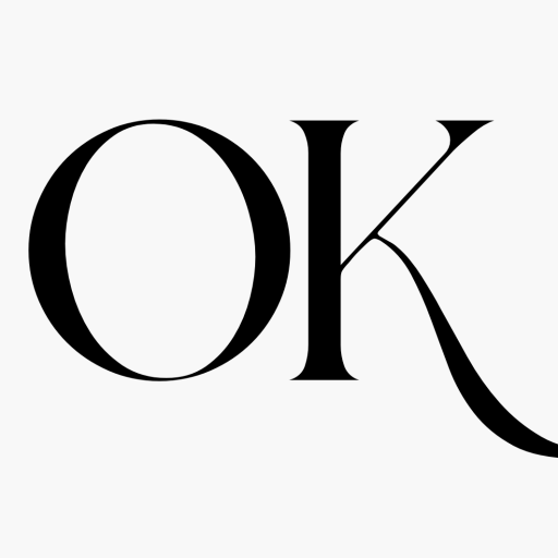 Elegant black serif letters "OK" on a white background.
